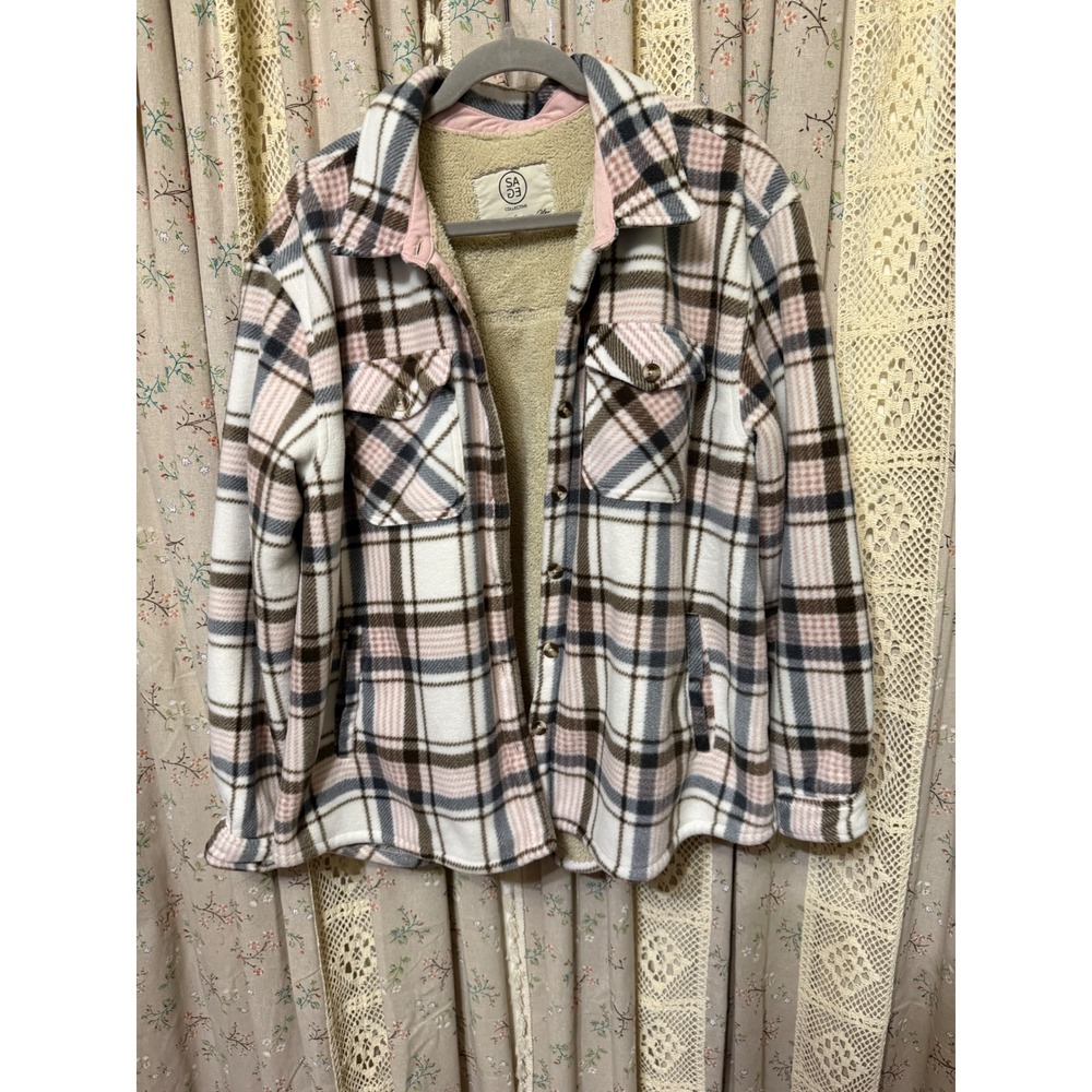 Sage Collective XL Plaid Sherpa Lined Fleece Shacket Pink Gray